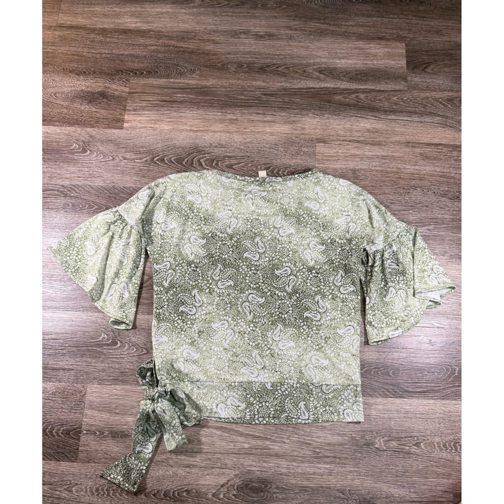 Michael Kors Top XS Bell Sleeve Green Paisley Side Tie 70s Inspired Fairy Flowy - Picture 8 of 8